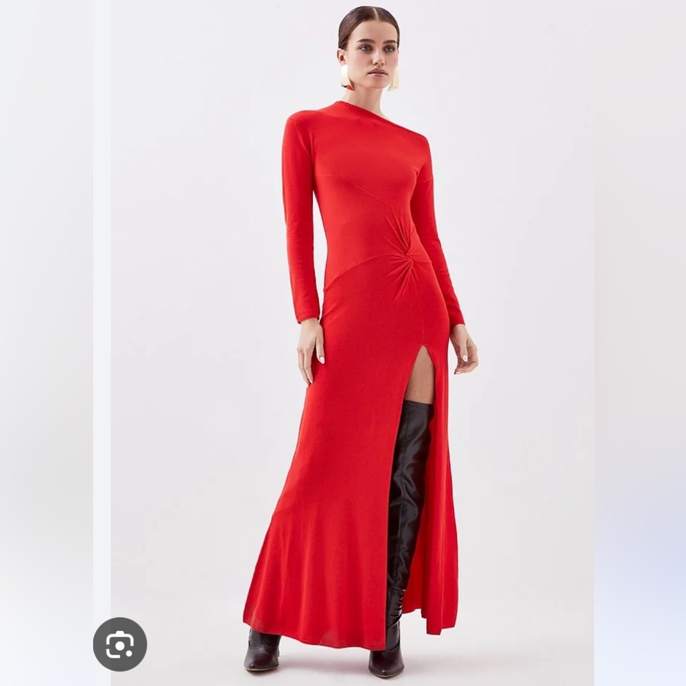 Karen Millen red viscose blend twist knot knitted maxi dress - XSP